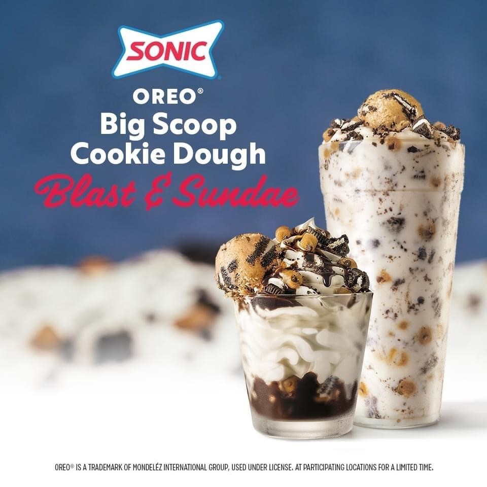New Sonic Oreo Big Scoop cookie dough blast and sundae at Sonic drive in